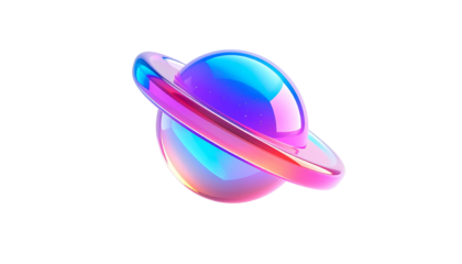 Glossy planet with rainbow light and a ring against black background