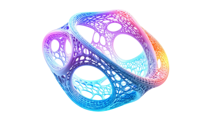 Abstract 3D shape, vibrant gradient hues, intricate network of holes