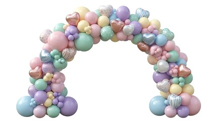 A vibrant balloon archway with pastel colors and varied sizes forming an elegant arch shape, perfect for decoration, celebration, and festive events.