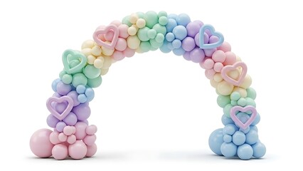 A whimsical pastel-colored balloon arch adorned with heart-shaped decorations stands against a pristine white background