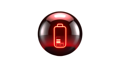 Glowing red orb displays battery level icon on a black background