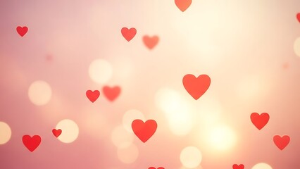 Floating hearts in a soft pink background with bokeh lights and gentle glow