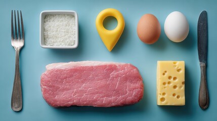 Piece of meat, eggs, cheese, and knife highlighting nutritional importance and culinary preparation techniques