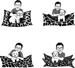 Happy boy wearing glasses holds his fluffy small dog on a patterned pillow