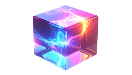 A glowing transparent cube, swirling energy, color gradients, black background