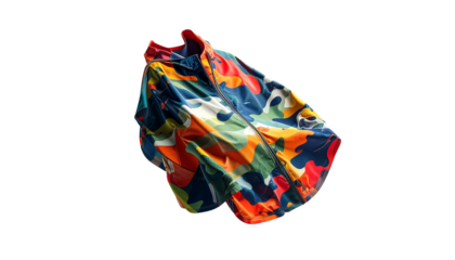 Floating garment with colorful camo design against a dark background