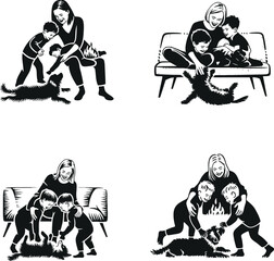 Happy family with a loving mother and her two children playing with their pet dog