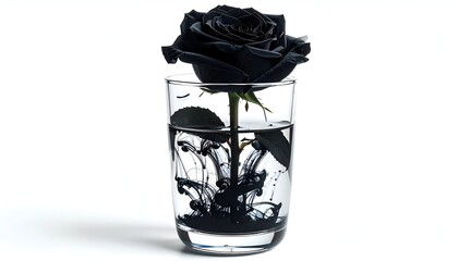 A stark white background accentuates a black rose in a glass of water, showing ink dissolving