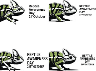 Illustrations of a green chameleon paired with text for Reptile Awareness Day on 21st October celebration