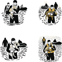 People wearing life vests rescue dogs from floodwaters near inflatable boats