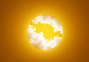 Bright sun shining through clouds on orange background