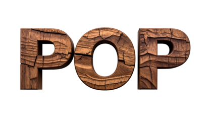 Three-dimensional wooden text spelling "POP" against a stark black background