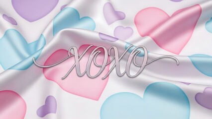 Soft fabric with pastel hearts and silver xoxo pattern on white background
