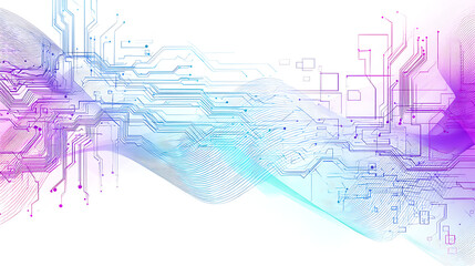 Vibrant circuit board design with purple and blue hues on white background