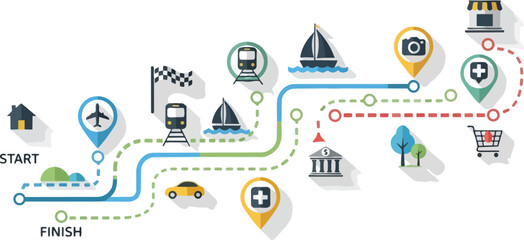 Visualizing a Journey: Start to Finish with Diverse Transportation and Landmarks.