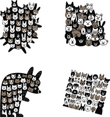 Playful collection of various cute domestic and wild animal faces forming unique shapes