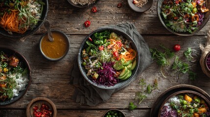 Flat lay of colorful vegan dishes with fresh organic vegetables on rustic wooden table