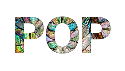 The word "POP" in a stained-glass style against a black background