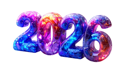 3D-rendered numbers 2026, luminous crystal-like text on black