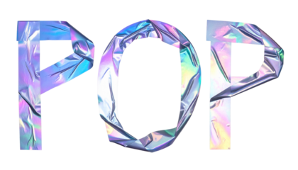 Holographic "POP" text rendered with a crinkled, iridescent metallic material