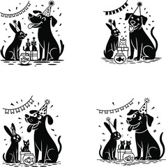 Playful party animals celebrate a happy occasion with a dog, rabbit, and cats