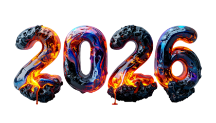 Year 2026 rendered as molten metal, fiery hues, black background