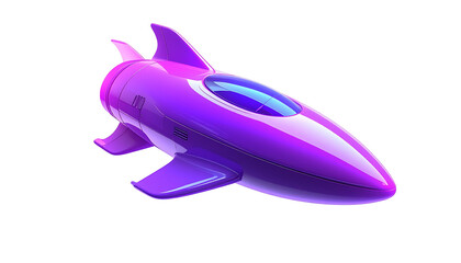 Sleek purple retrofuturistic spacecraft, stylized and against a black background