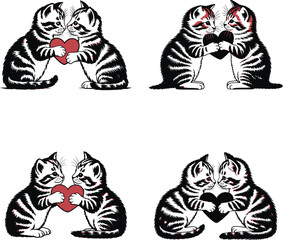 Two adorable striped kittens lovingly hold a small red heart together on a crisp white backdrop
