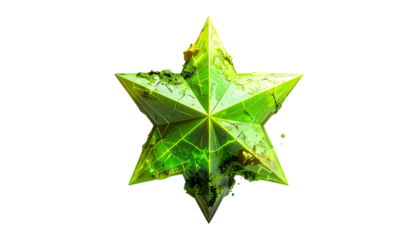 Glowing six-pointed star, cracked surface, with plant life growing on it