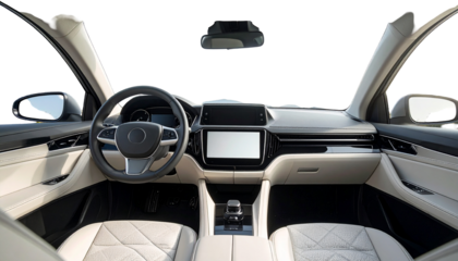 Interior view of modern vehicle with white seats, dashboard, and steering wheel