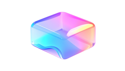 A colorful, translucent 3D cube with soft edges against a black backdrop