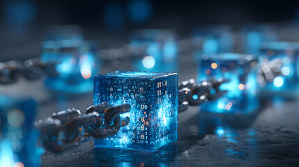 Glowing blue data cubes linked by metal chain in dark background
