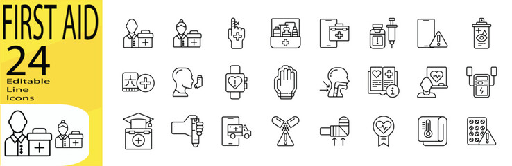 First Aid icon set. Editable stroke.