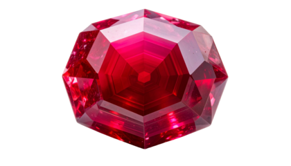 Close-up of a vibrant, faceted, blood-red gemstone against a black background