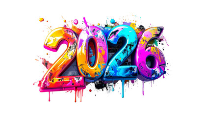 Vivid, graffiti-style "2026" with colorful splatters and textures