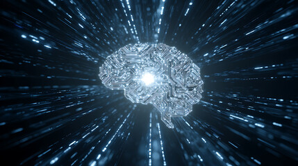 Glowing circuit brain with radiant blue light trails