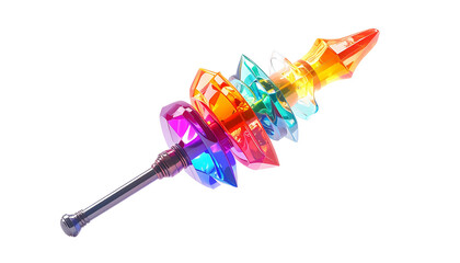 Colorful gem-encrusted staff with ornate details, against black background