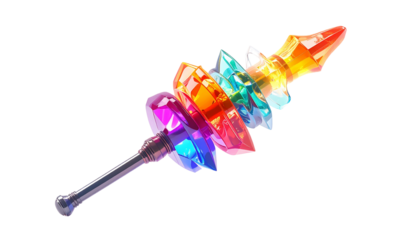 Colorful gem-encrusted staff with ornate details, against black background