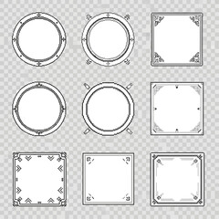 A collection of ornate circular and square decorative borders and frames, showcasing intricate geometric patterns and elegant design elements