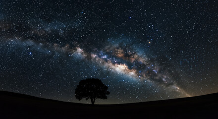Majestic milky way galaxy above lonely tree under starry night sky