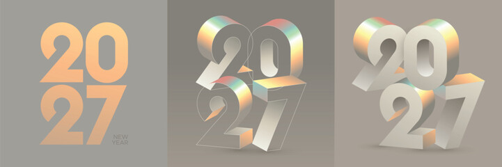 2027 New Year Celebration 3D Text Collection Featuring Orange, Holographic, and Silver Metallic Typography Styles on Gray Background © Gkpartner