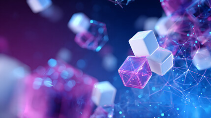 Futuristic cubes floating in vibrant digital space with pink and blue lights