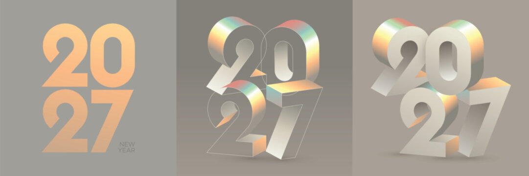 2027 New Year Celebration 3D Text Collection Featuring Orange, Holographic, and Silver Metallic Typography Styles on Gray Background