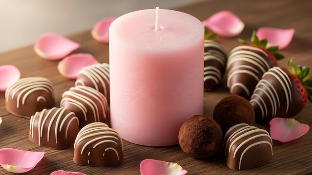 Romantic candle surrounded by chocolate truffles and strawberries on a wooden table