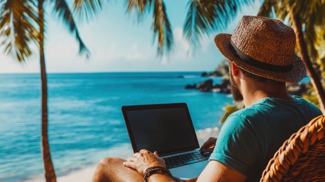 Remote worker enjoying the digital nomad lifestyle on a tropical beach