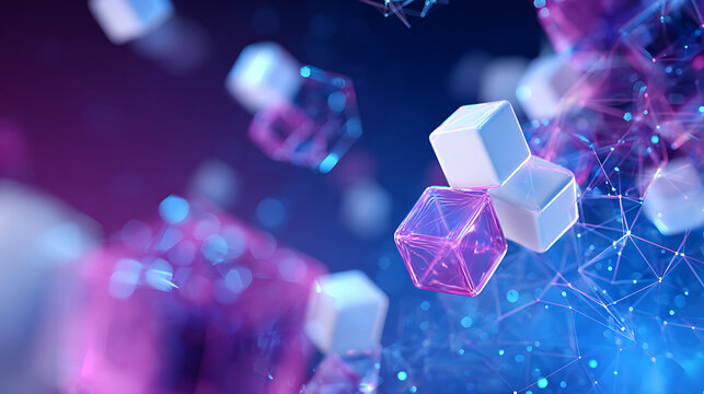 Futuristic cubes floating in vibrant digital space with pink and blue lights - Powered by Adobe