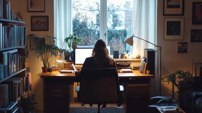 Woman working on a computer in a warm and cozy home office setting