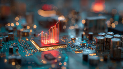 Close-up of a circuit board with a glowing red graph and chart on a microchip