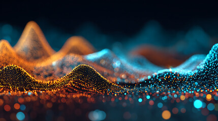 Vibrant digital landscape with glowing orange and blue data points