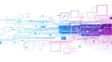 Vibrant circuit board design with blue and pink hues on white background